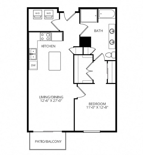 Floor plan for 1 bed, 1 bath, 860 sqft